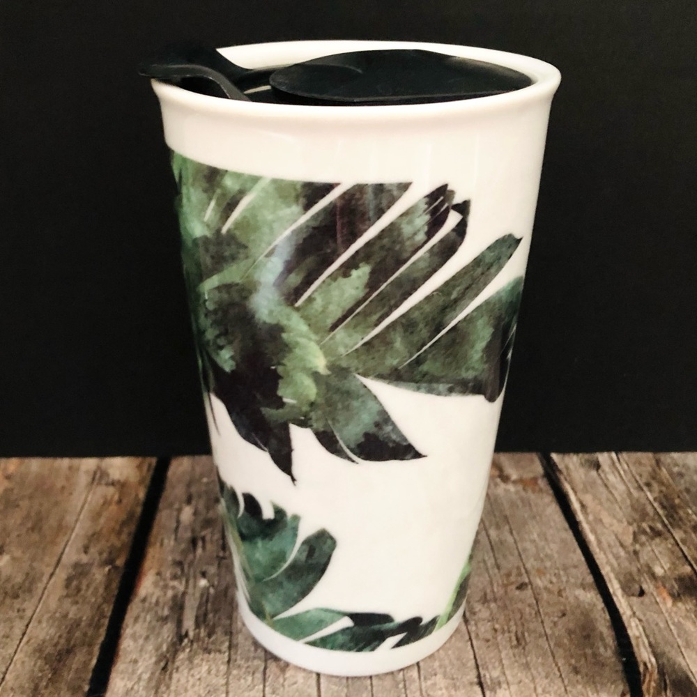 ✅ 5 for $25 - Tropical Palms Tumbler, White & Green Ceramic, Society6, 12 oz
